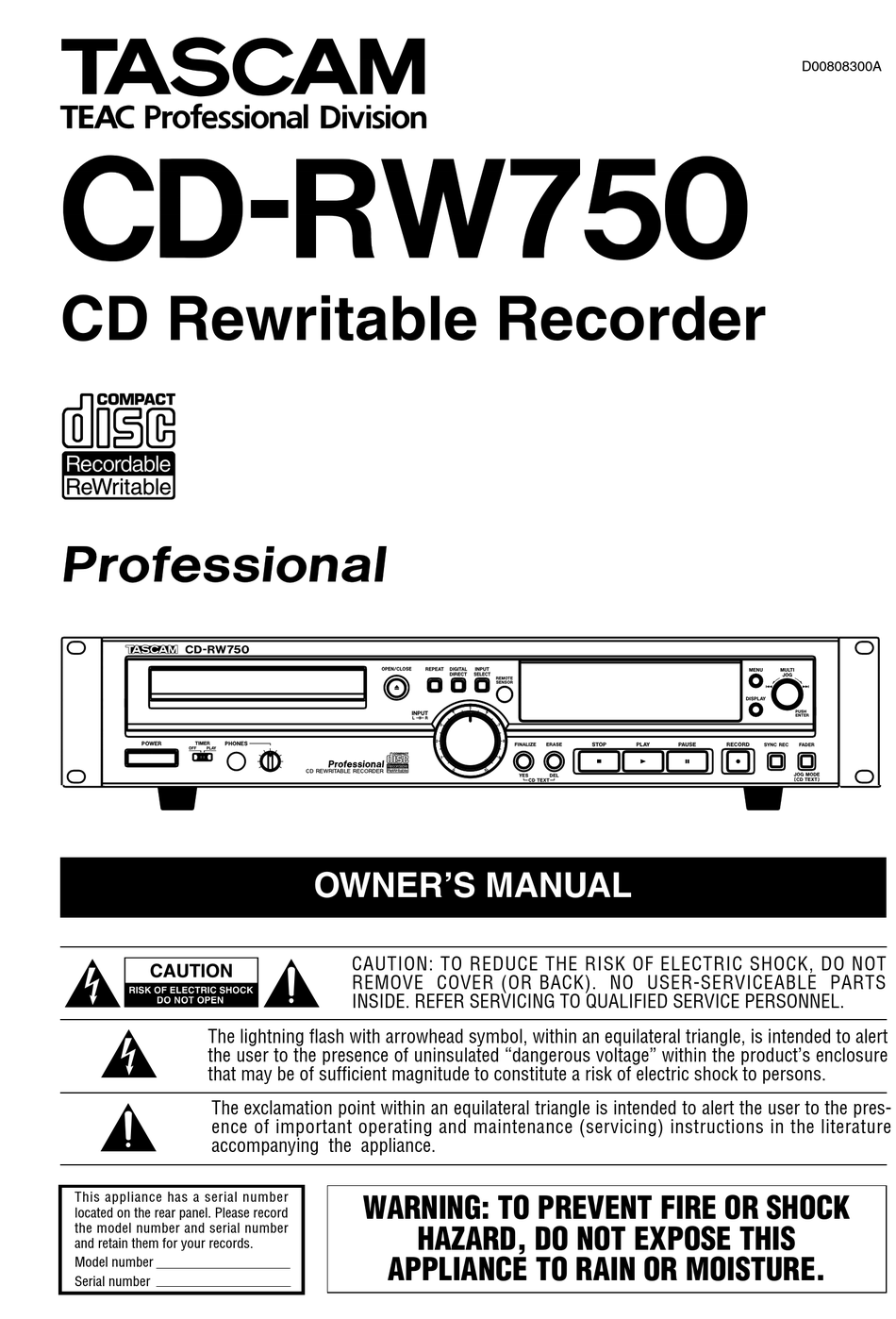 Tascam CD-RW750 operating instructions user manual 