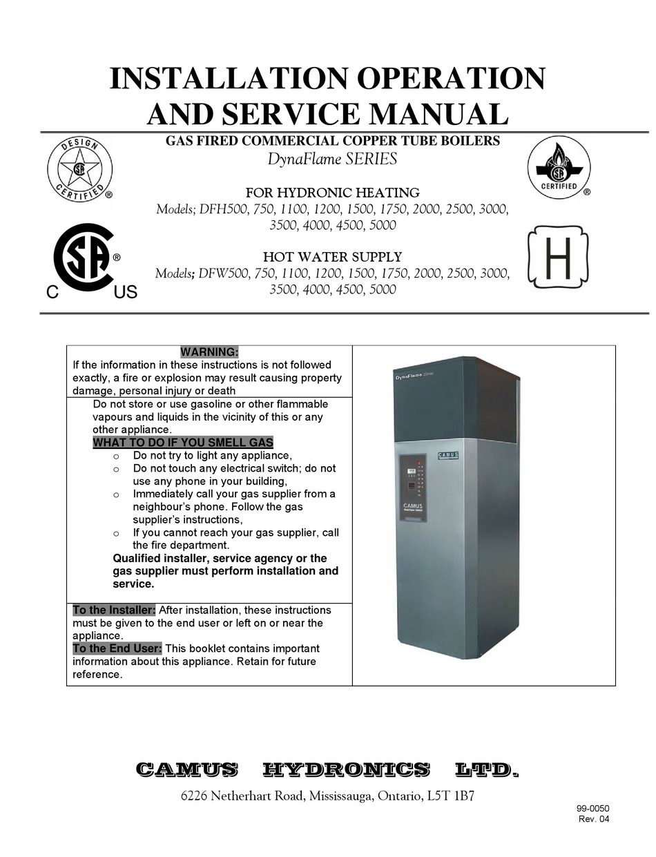 CAMUS HYDRONICS DFH500 INSTALLATION, OPERATION AND SERVICE MANUAL Pdf