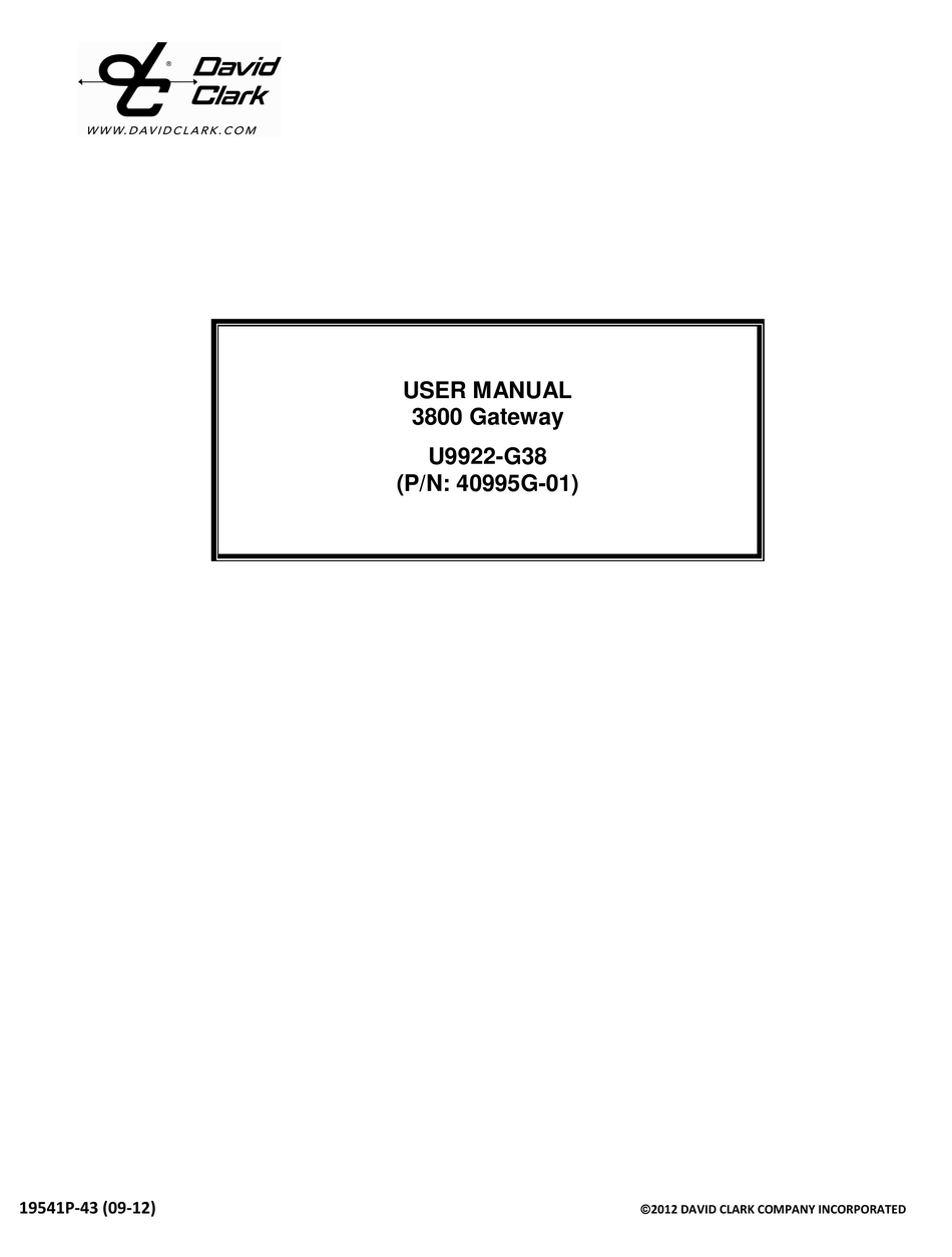 DAVID CLARK U9922-G38 USER MANUAL Pdf Download | ManualsLib