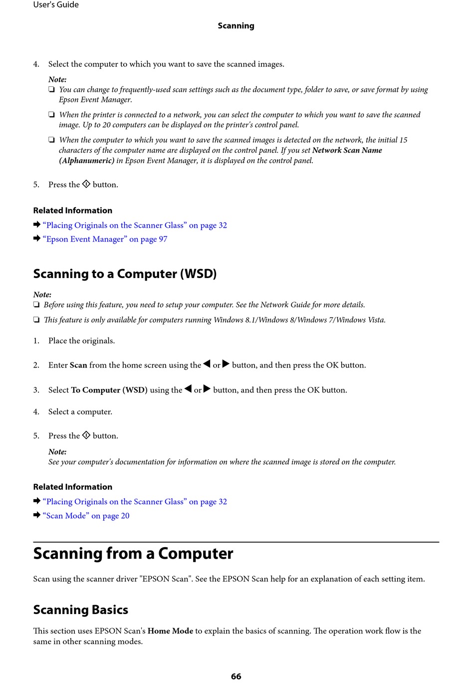 Wsd Scanning To Scanning To A Computer (Wsd); Scanning From A Computer; Scanning Basics - Epson Printer User Manual [Page 66] | ManualsLib