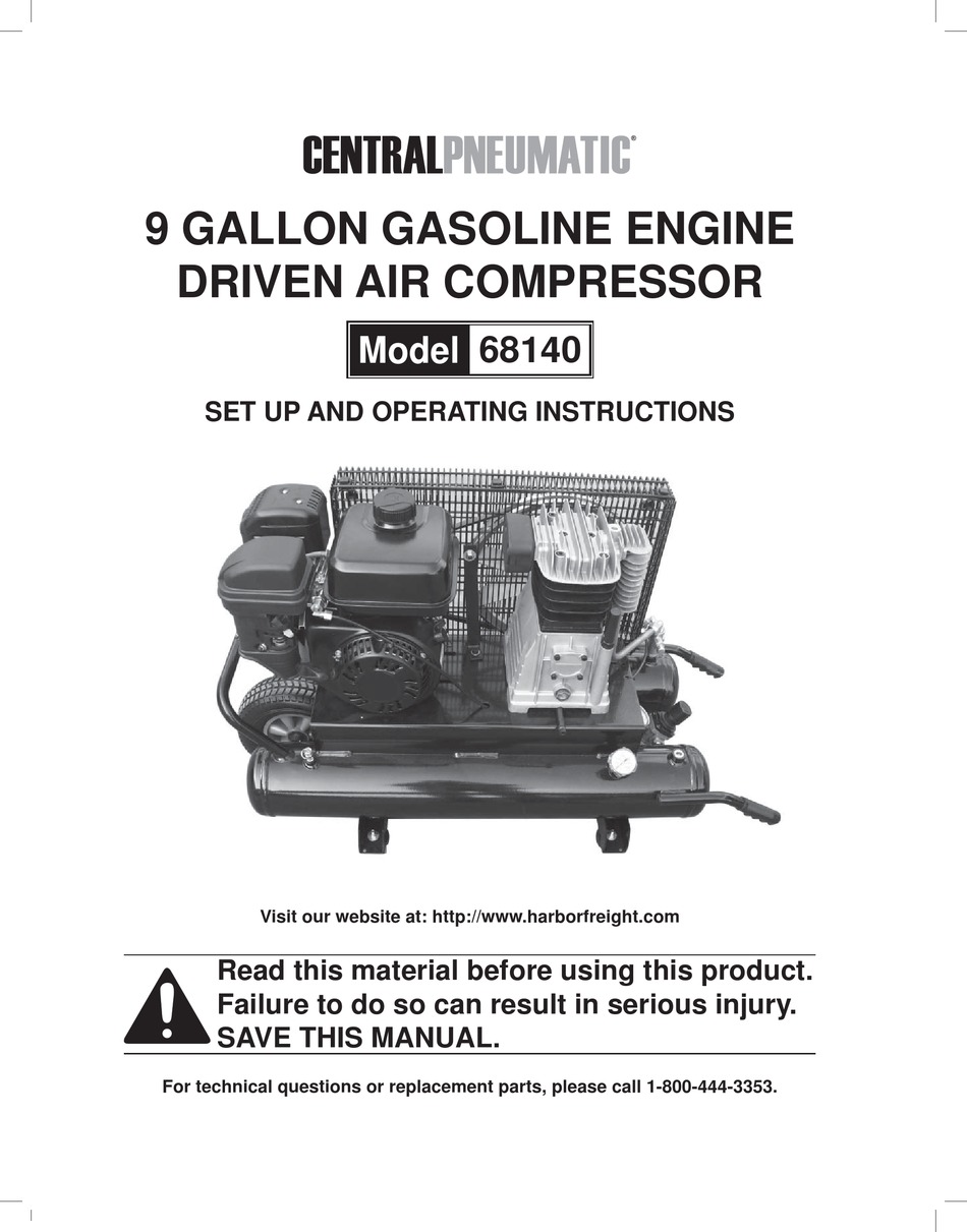 CENTRAL PNEUMATIC 68140 SET UP AND OPERATING INSTRUCTIONS MANUAL Pdf ...