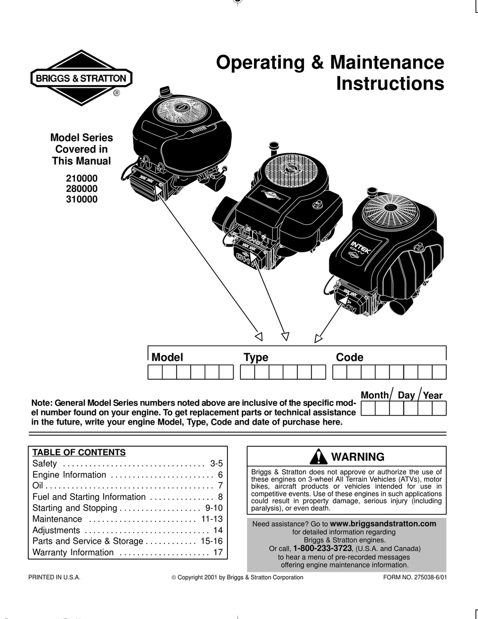 Briggs And Stratton 280000 Operating And Maintenance Instructions Pdf Download Manualslib 7234