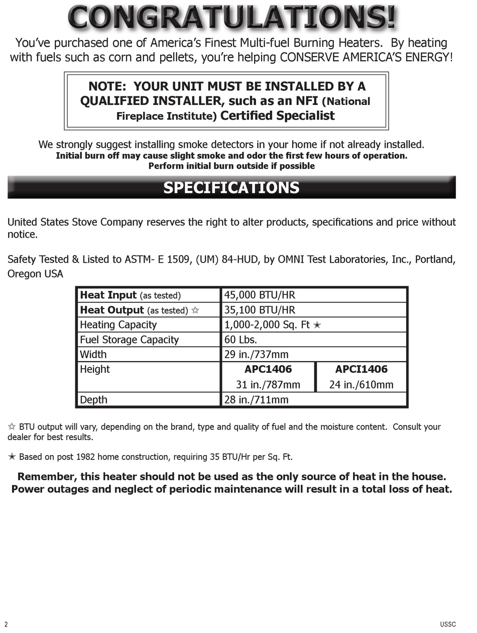 Specifications - Ashley APC1406 Installation u0026 Operator's Manual [Page 2] |  ManualsLib