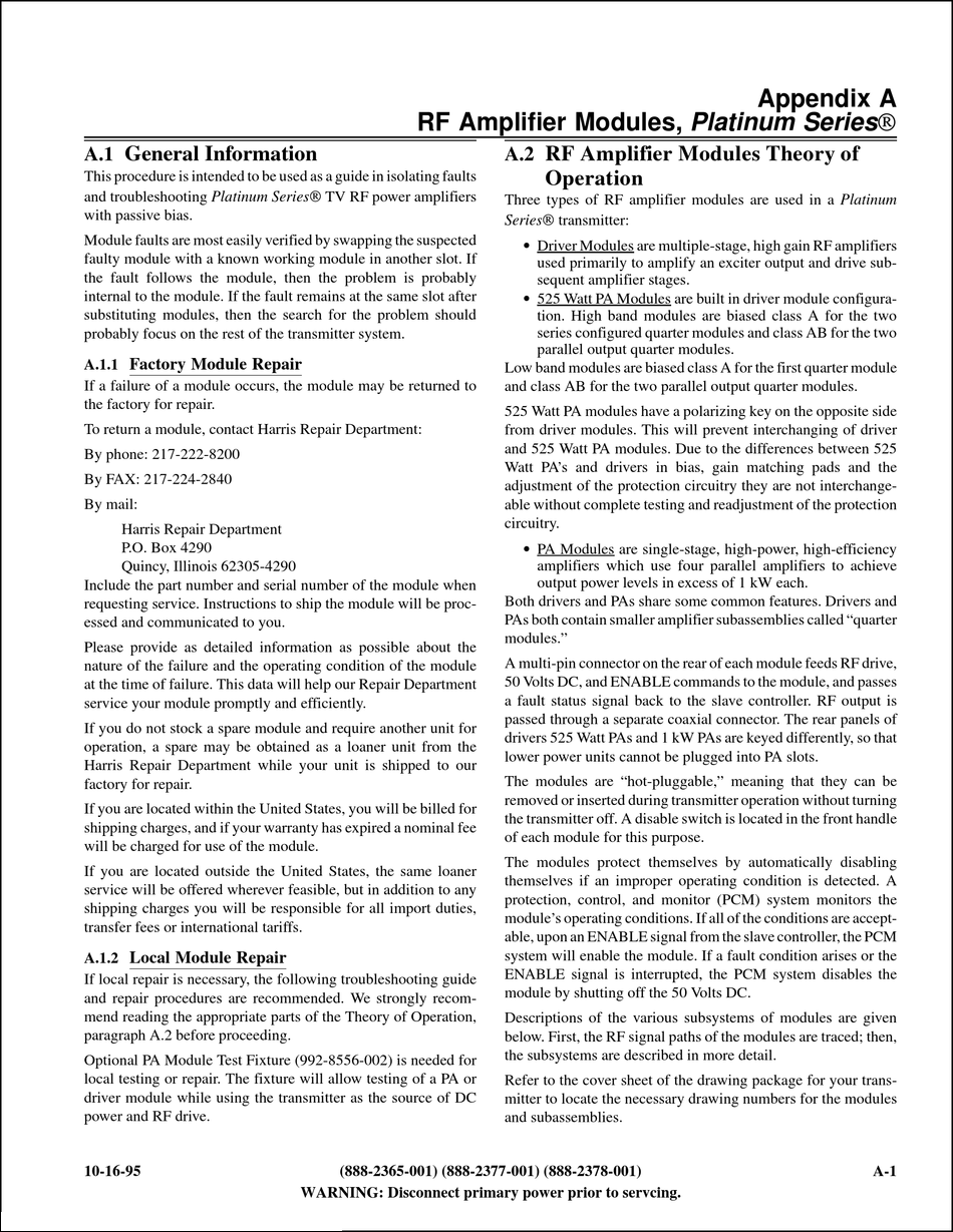 Rf Amplifier Modules, ; General Information; Factory Module Repair 