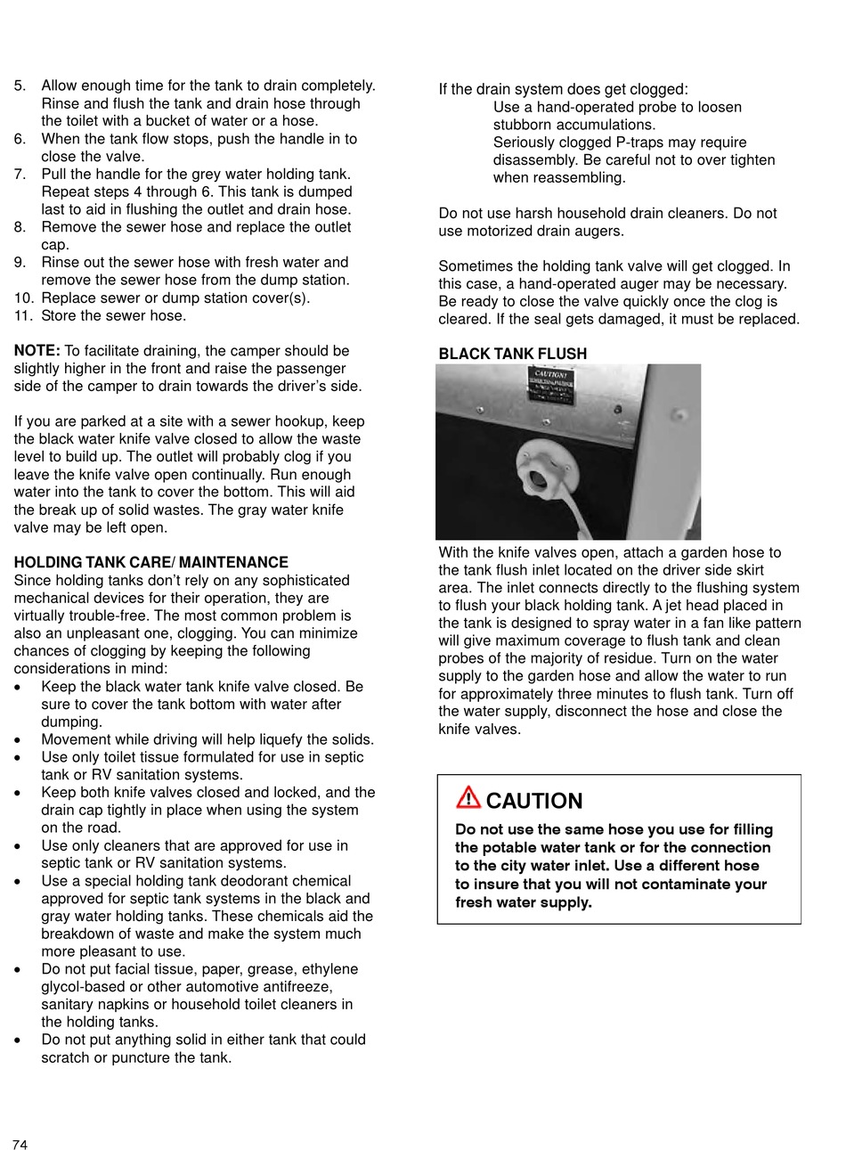 Holding Tank Care/Maintenance; Black Tank Flush - Lance Truck Camper  Owner's Manual [Page 74]