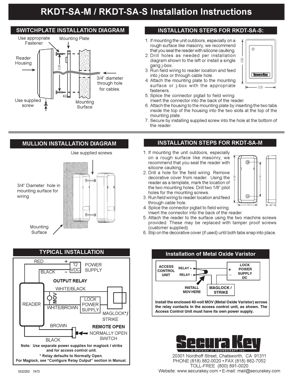 SECURA KEY RKDTSAM INSTALLATION INSTRUCTIONS Pdf Download ManualsLib