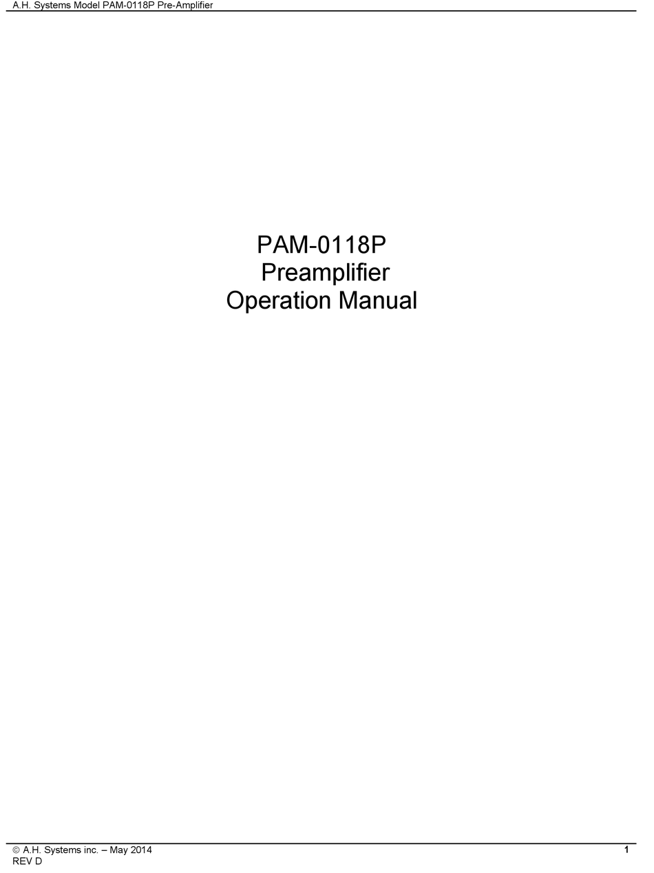 A.H. SYSTEMS PAM-0118P OPERATION MANUAL Pdf Download | ManualsLib