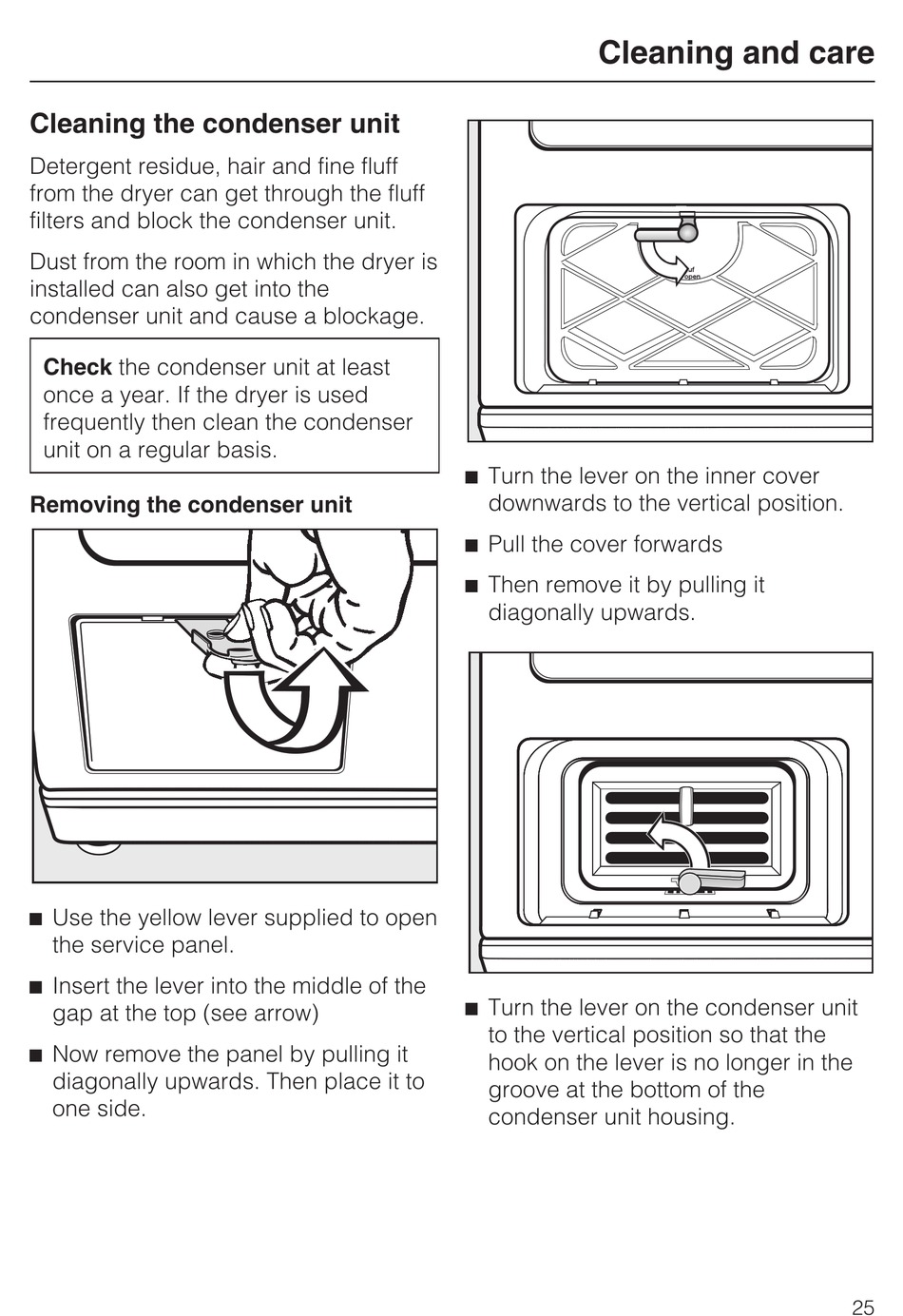 svinge Lav Synlig Cleaning The Condenser Unit; Removing The Condenser Unit - Miele T 8812 C  Operating Instructions Manual [Page 25] | ManualsLib