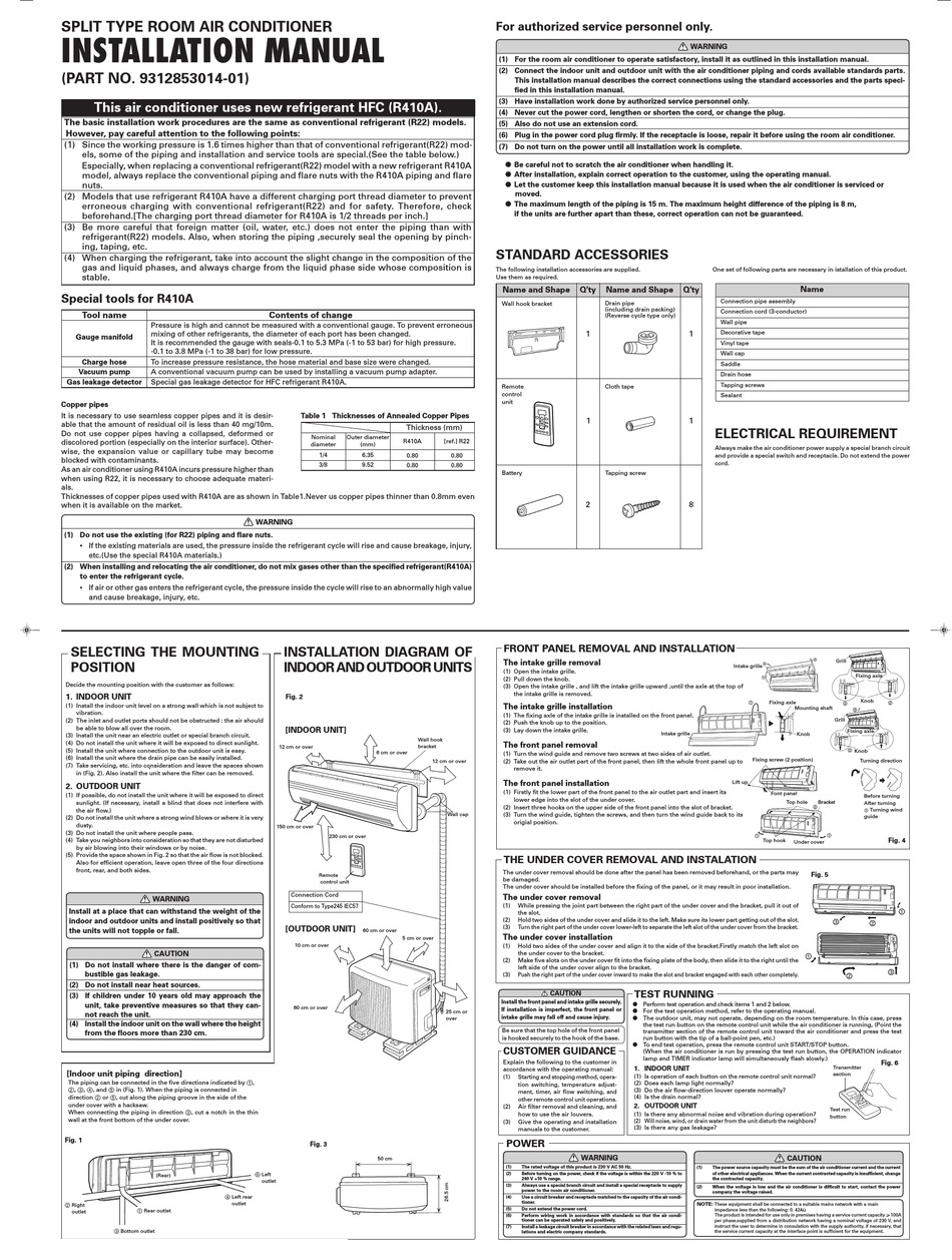 FUJITSU SPLIT TYPE ROOM AIR CONDITIONER INSTALLATION MANUAL Pdf