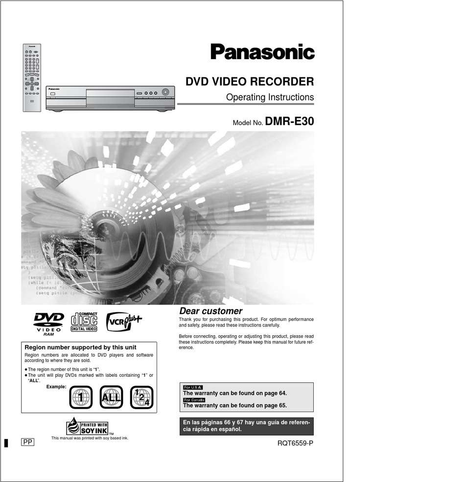 PANASONIC DMR-E30 OPERATING INSTRUCTIONS MANUAL Pdf Download 