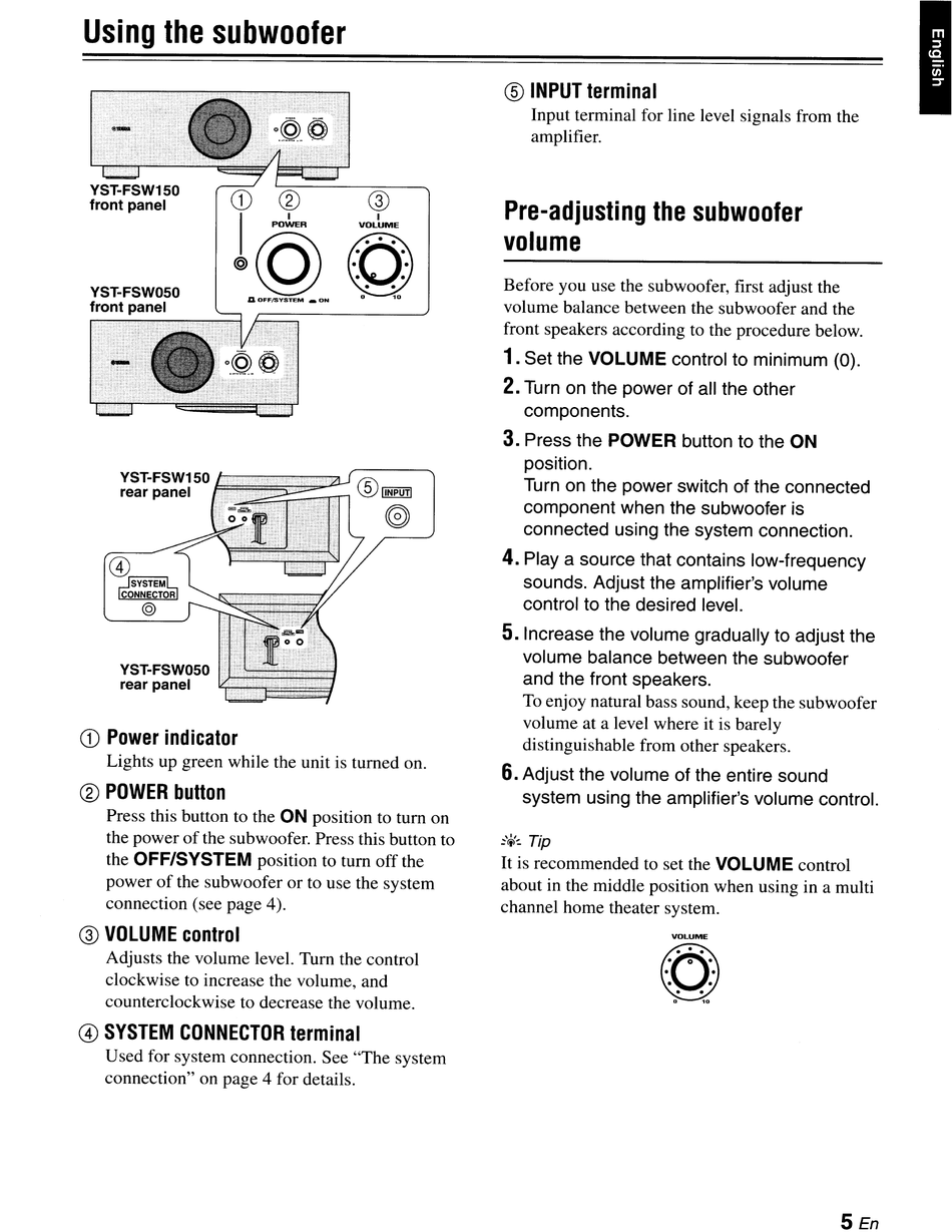 Using The Subwoofer - Yamaha YST-FSW050 Owner's Manual [Page 9