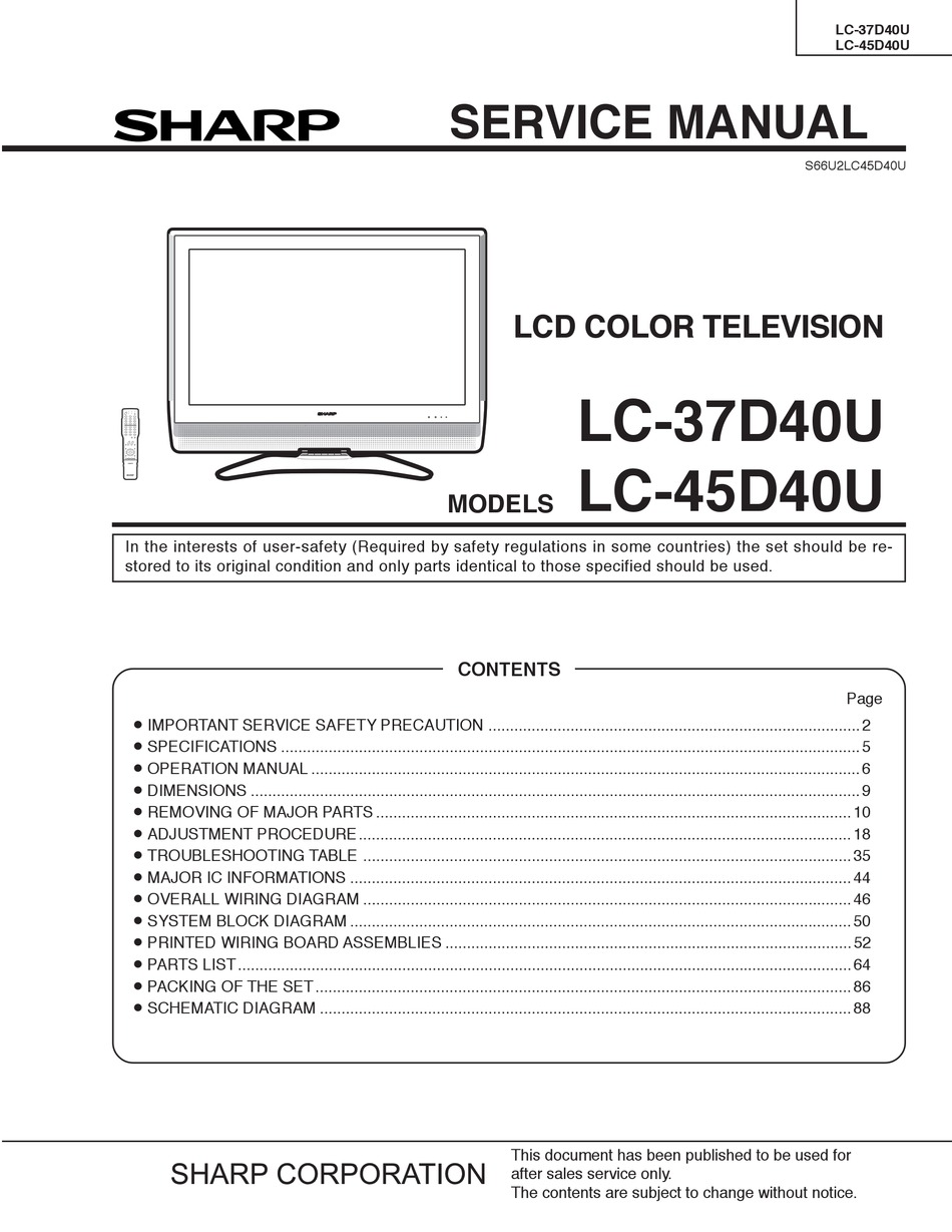 SHARP LC-37D40U SERVICE MANUAL Pdf Download | ManualsLib