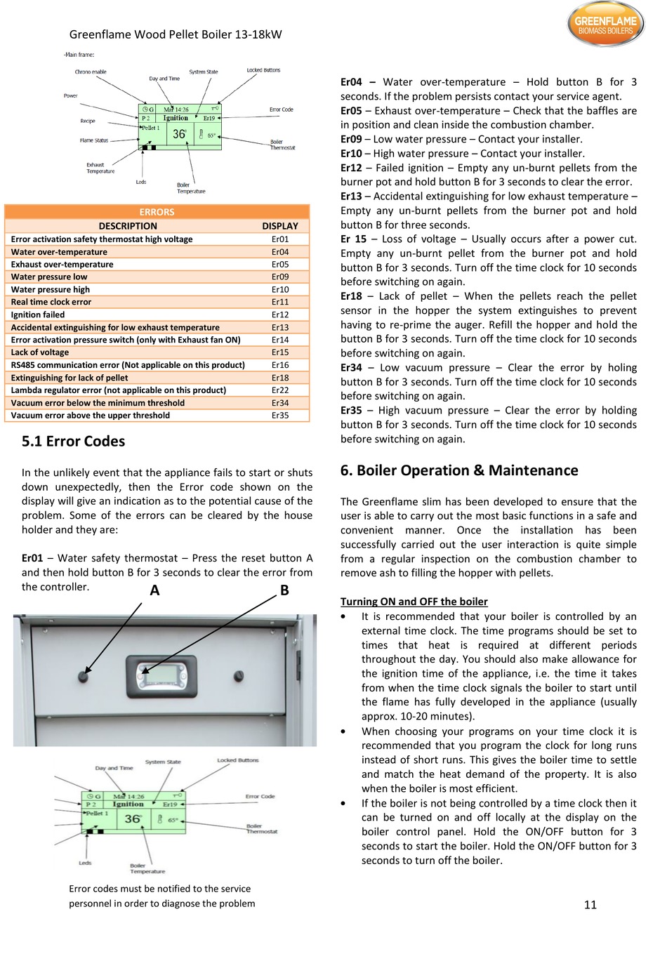 Error Codes; Boiler Operation And Maintenance - Trianco Greenflame 13kW  Installation, Operation And Servicing Instructions [Page 11] | ManualsLib
