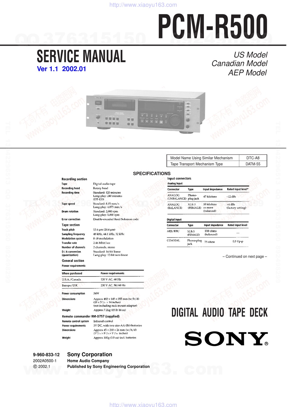 SONY PCM-R500 SERVICE MANUAL Pdf Download | ManualsLib