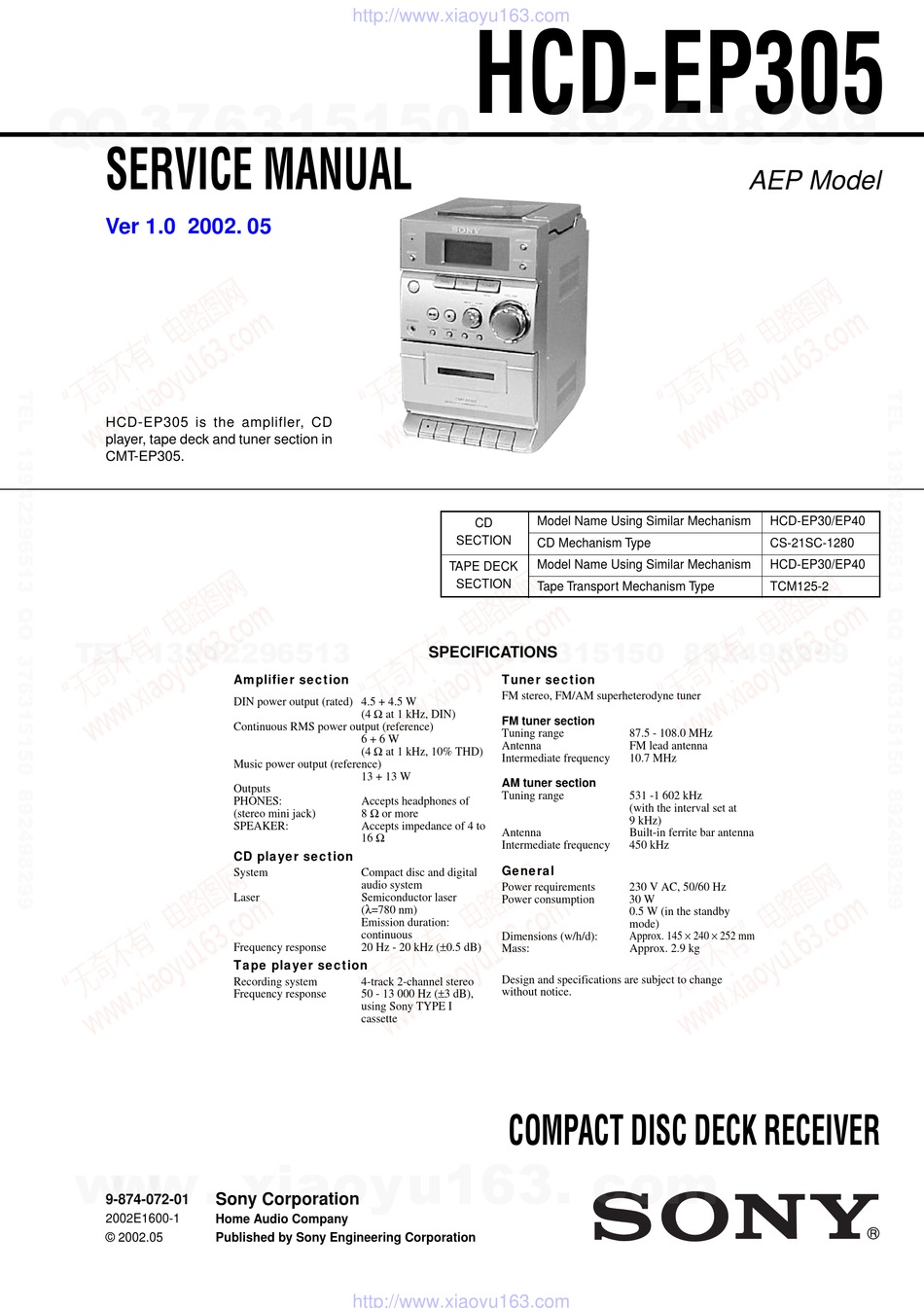 SONY HCD-EP305 SERVICE MANUAL Pdf Download | ManualsLib