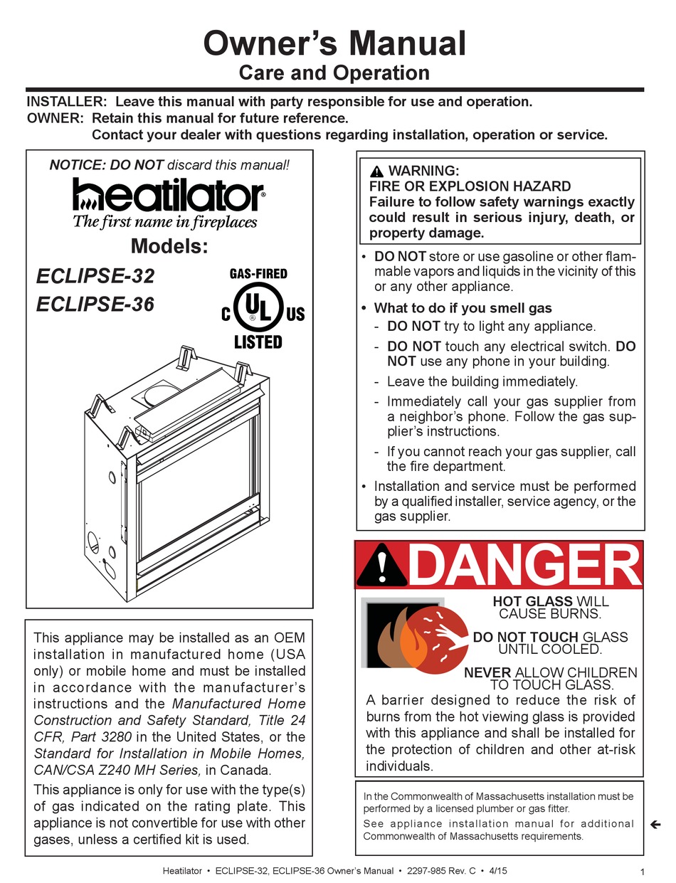 HEATILATOR ECLIPSE-32 OWNER'S MANUAL Pdf Download | ManualsLib