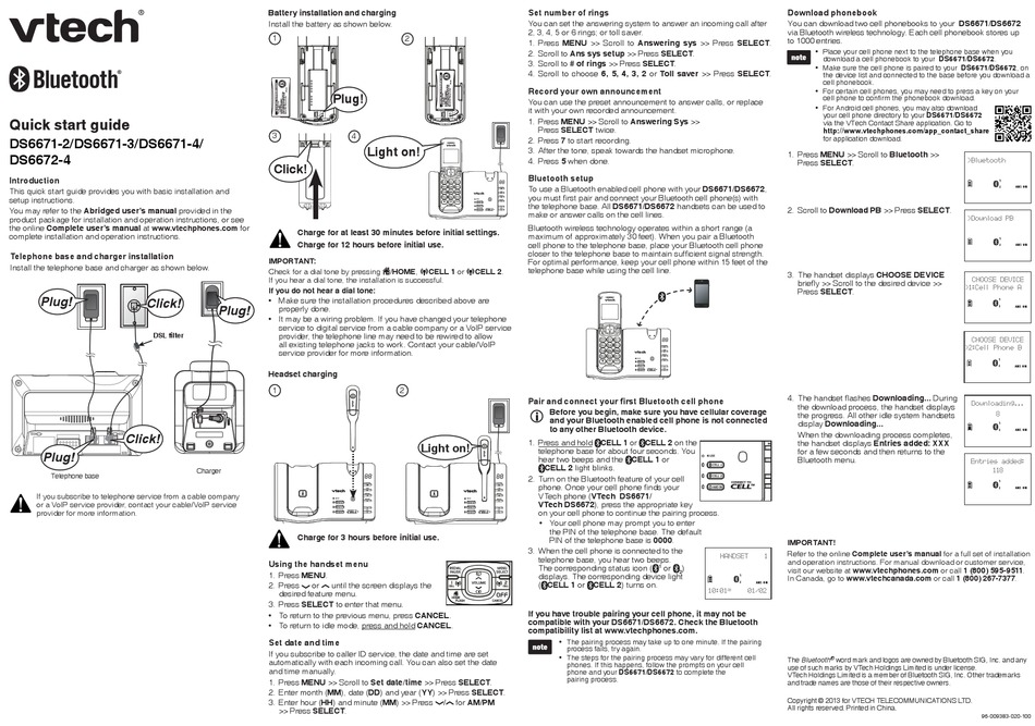 VTECH DS6671-2 QUICK START MANUAL Pdf Download | ManualsLib