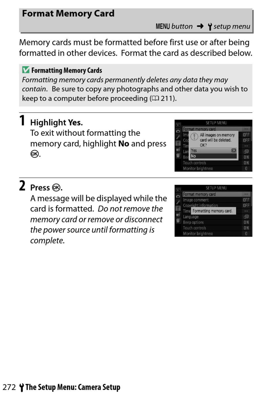 Format Memory Card - Nikon D5500 Reference Manual [Page 296] | ManualsLib