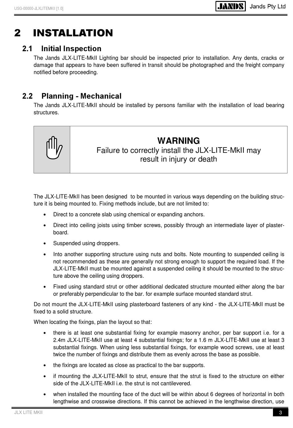 Installation; Initial Inspection; Planning Mechanical Jands JLX