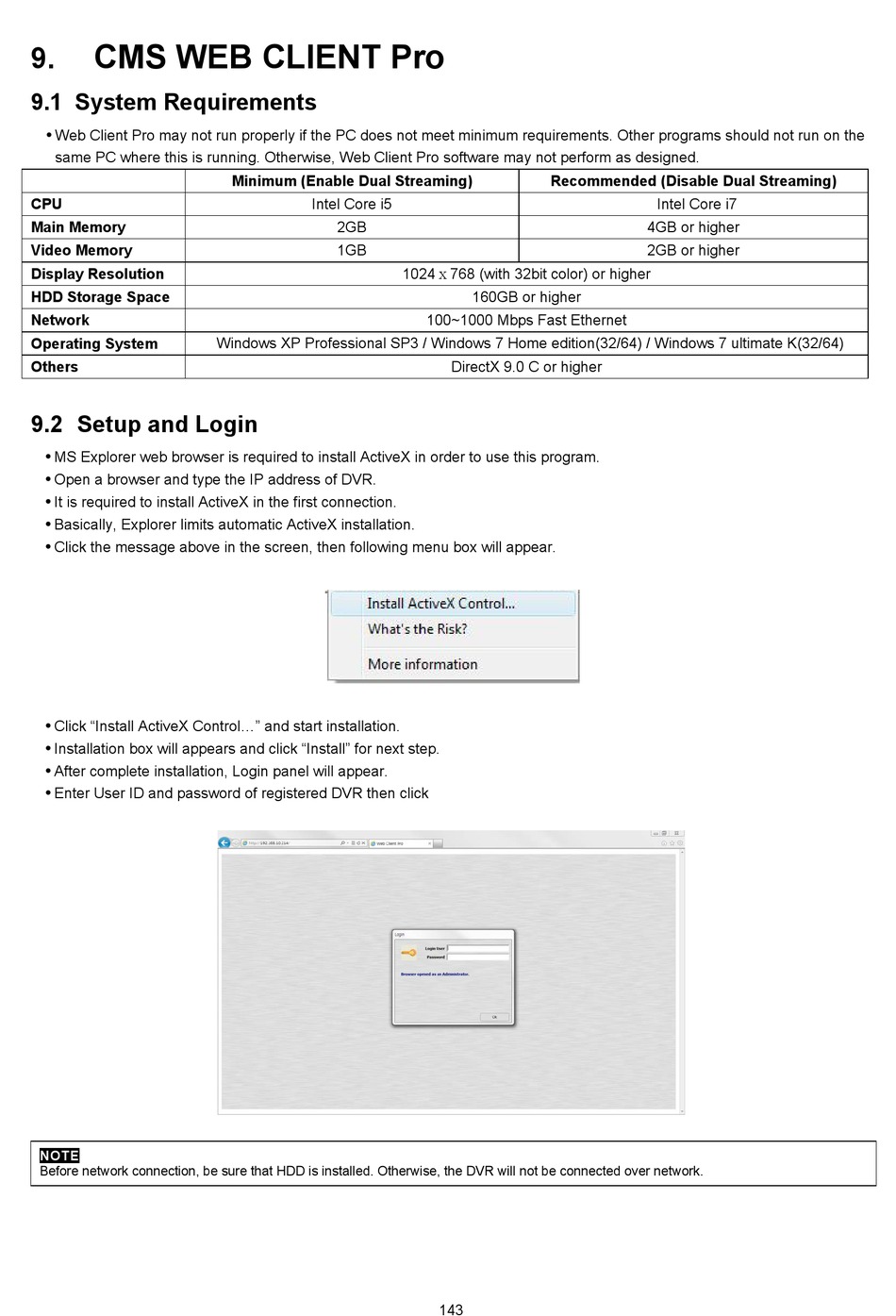 Cms Web Client Pro; System Requirements; Setup And Login - Elcomax  MV-ADV1602HD User Manual [Page 143] | ManualsLib