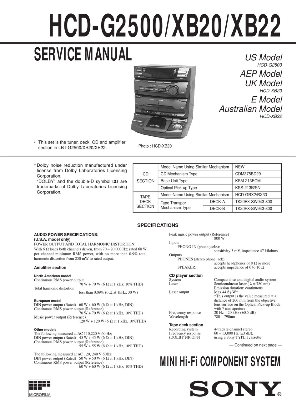 SONY HCD-G2500 SERVICE MANUAL Pdf Download | ManualsLib