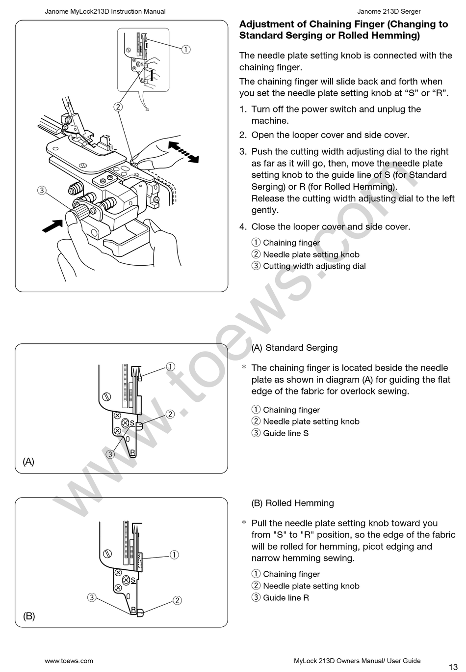 Adjustment Of Chaining Finger - Janome MyLock 213D Instruction