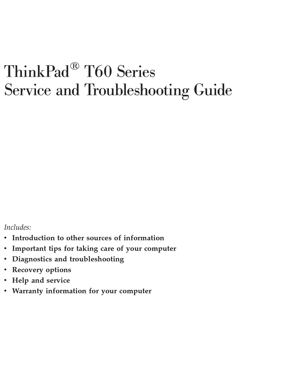 LENOVO THINKPAD T60 SERIES SERVICE AND TROUBLESHOOTING MANUAL Pdf