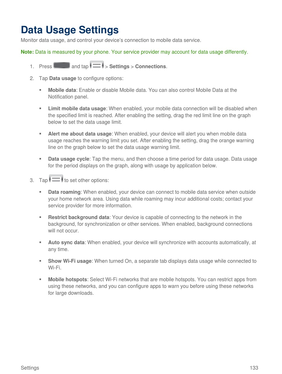 Data Usage Settings - Samsung GALAXY S4 User Manual [Page 134] | ManualsLib