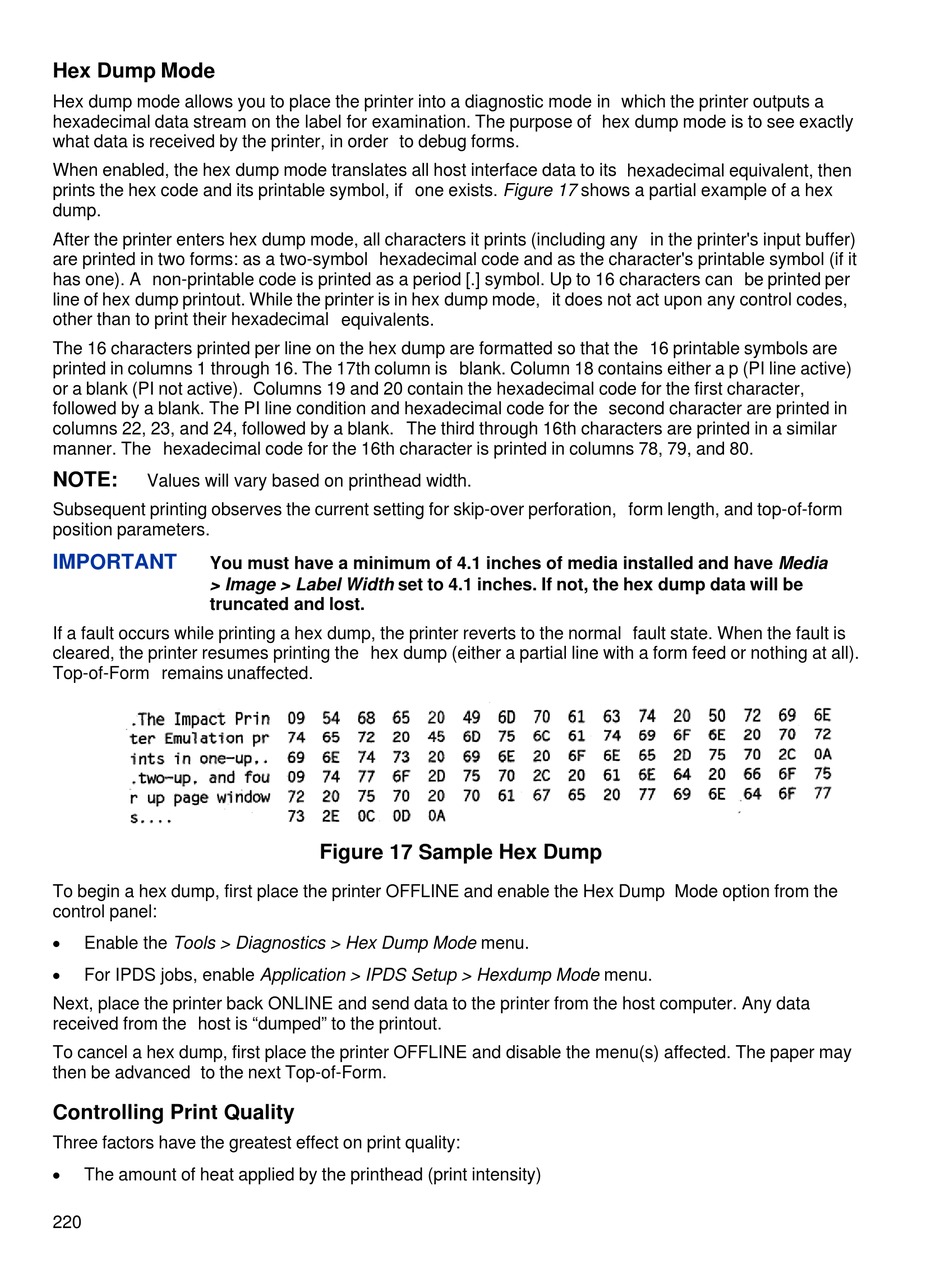 Hex Dump Mode; Controlling Print Quality - Printronix T8000 Administrator's  Manual [Page 220] | ManualsLib