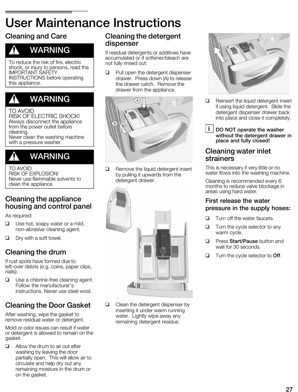 User Maintenance Instructions Cleaning And Care Cleaning The