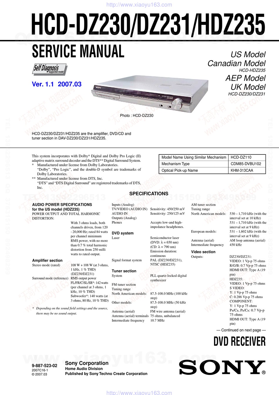 SONY HCD-DZ230 SERVICE MANUAL Pdf Download | ManualsLib