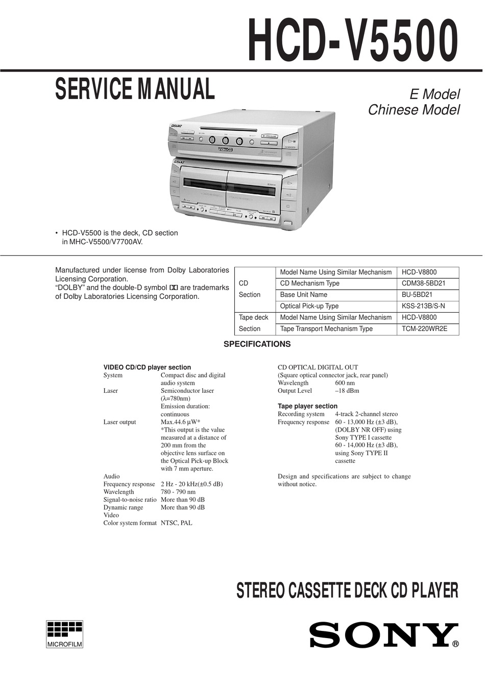 SONY HCD-V5500 SERVICE MANUAL Pdf Download | ManualsLib