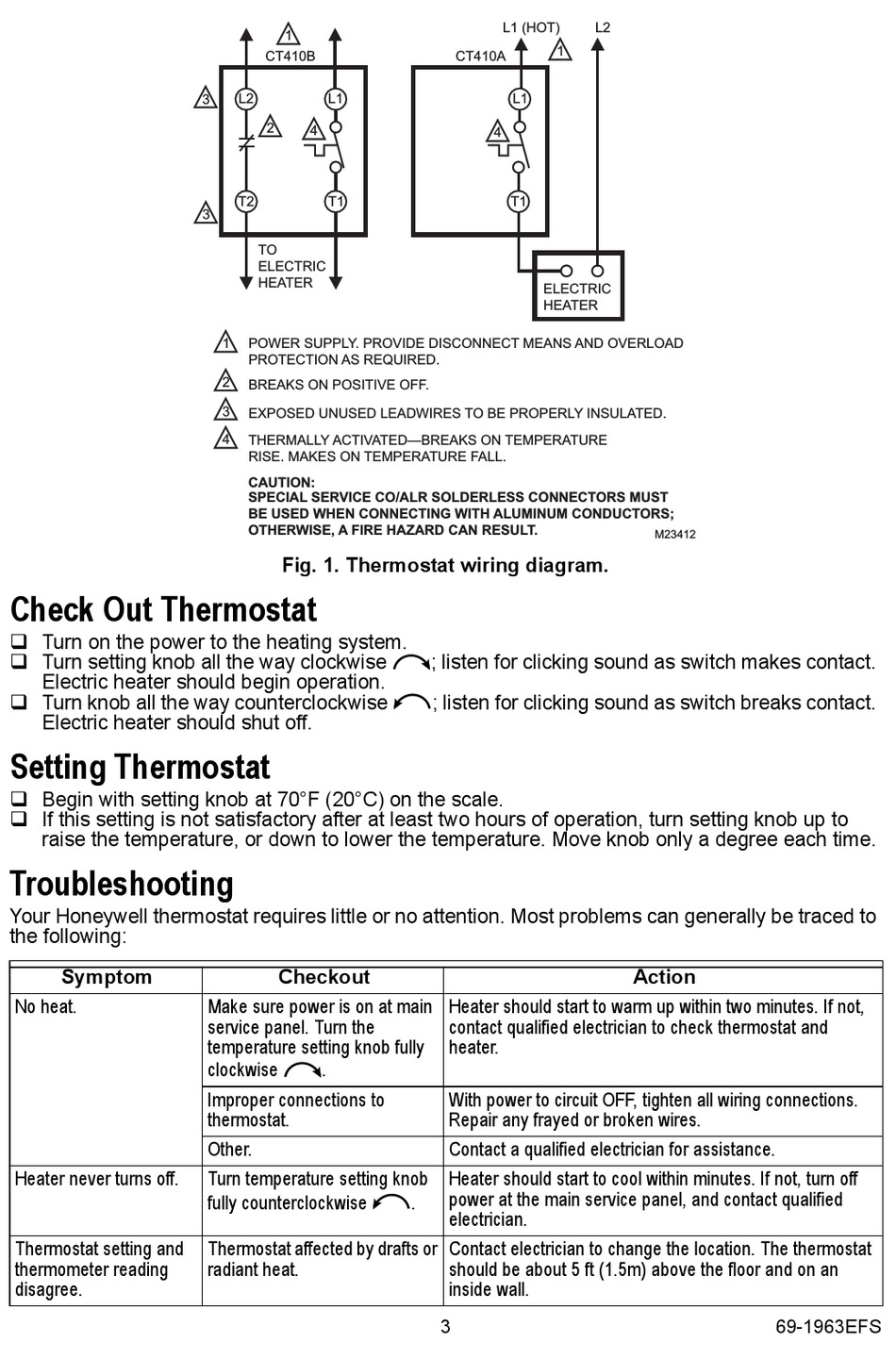 Check Out Thermostat; Setting Thermostat; Troubleshooting - Honeywell CT410A  Installation Manual [Page 3] | ManualsLib