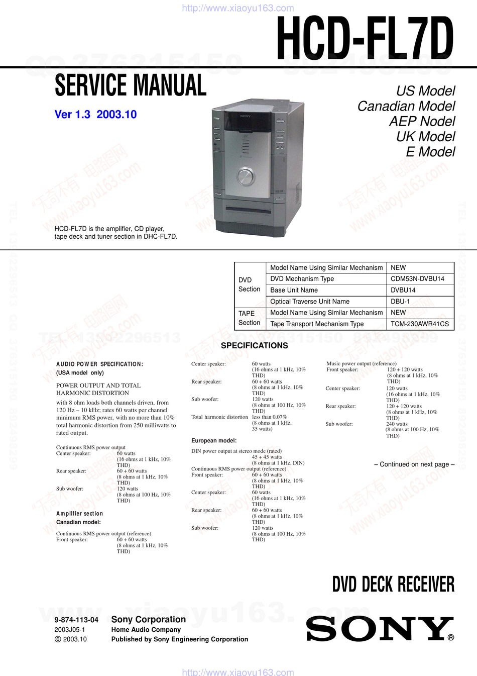 SONY HCD-FL7D SERVICE MANUAL Pdf Download | ManualsLib