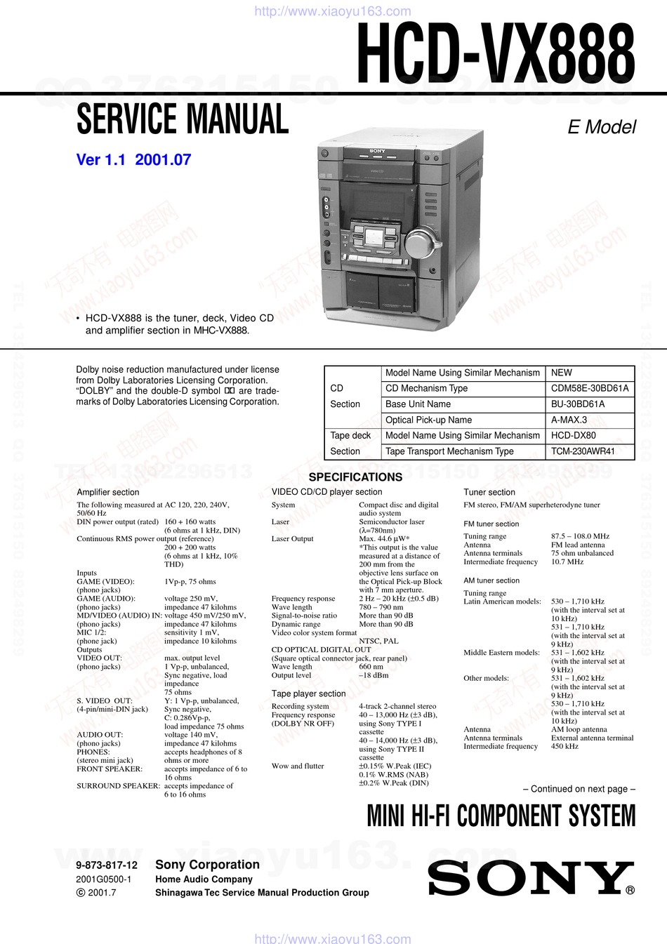 SONY HCD-VX888 SERVICE MANUAL Pdf Download | ManualsLib