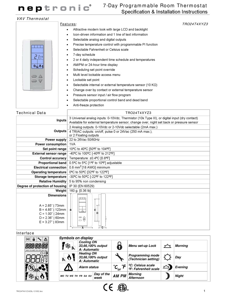 NEPTRONIC TRO24T4XYZ3 SPECIFICATION & INSTALLATION INSTRUCTIONS Pdf ...