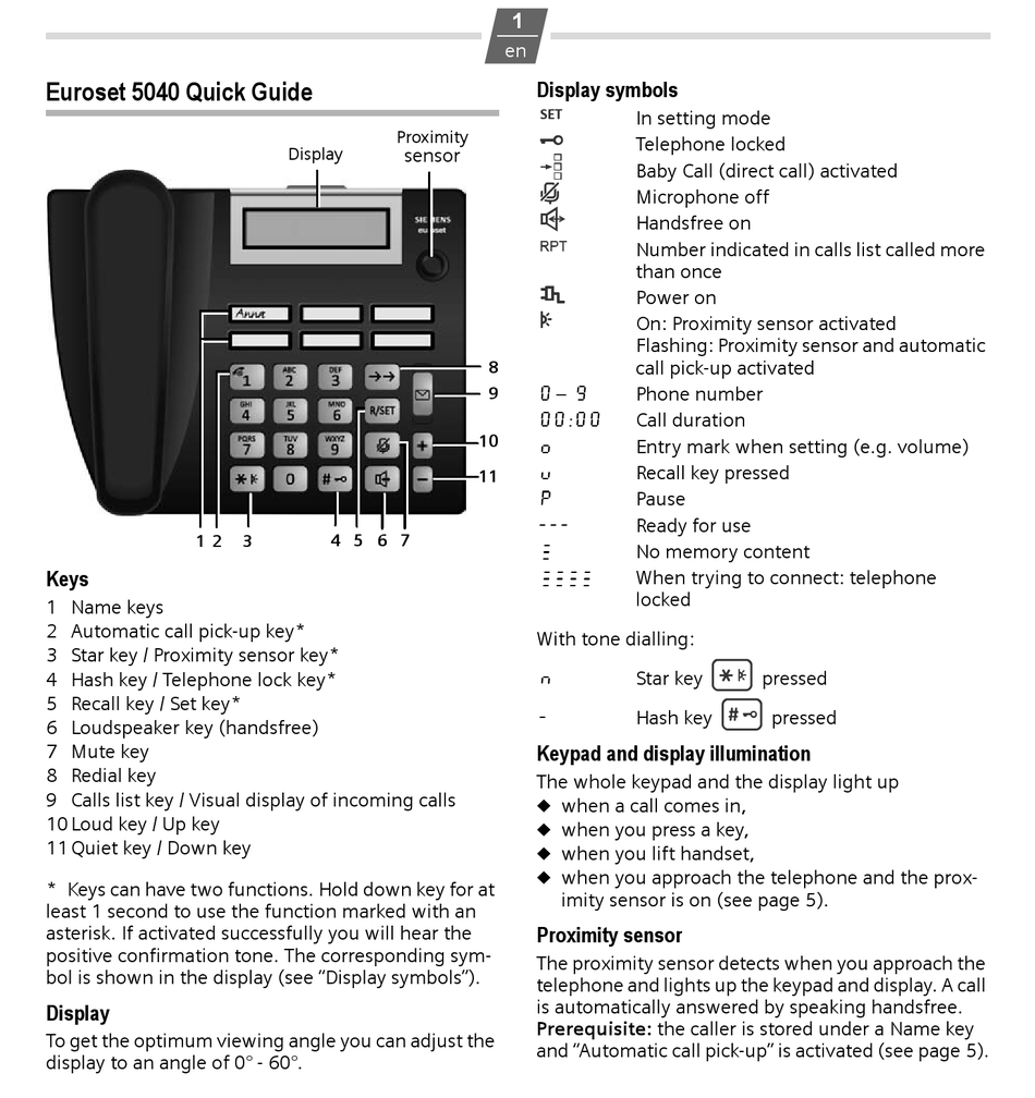 SIEMENS EUROSET 5040 QUICK MANUAL Pdf Download | ManualsLib