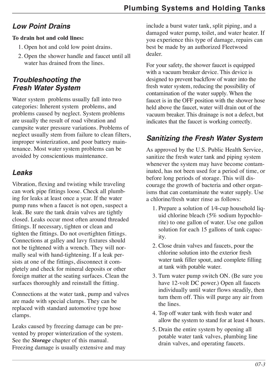 Low Point Drains; Troubleshooting The Fresh Water System; Leaks; Sanitizing  The Fresh Water System - FLEETWOOD RV BOUNDER Owner's Manual [Page 62]
