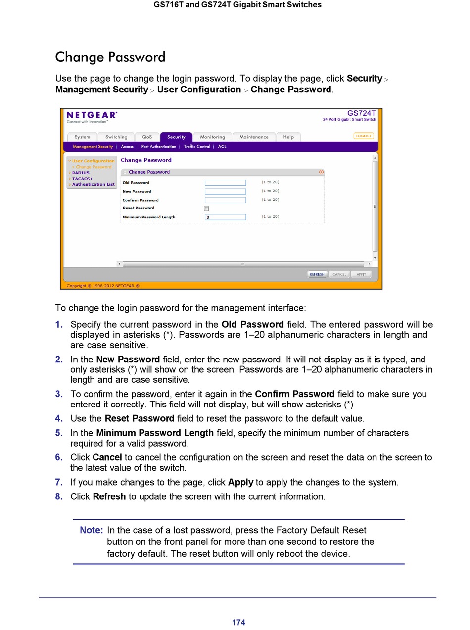 Change Password - NETGEAR GS716T Software Administration Manual [Page 174]  | ManualsLib