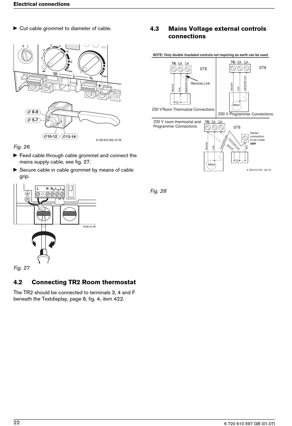 Connecting Tr2 Room Thermostat; Mains Voltage External Controls Connections  - Worcester ZWBR 7-28 HE plus Installation And Servicing Instructions [Page  22] | ManualsLib