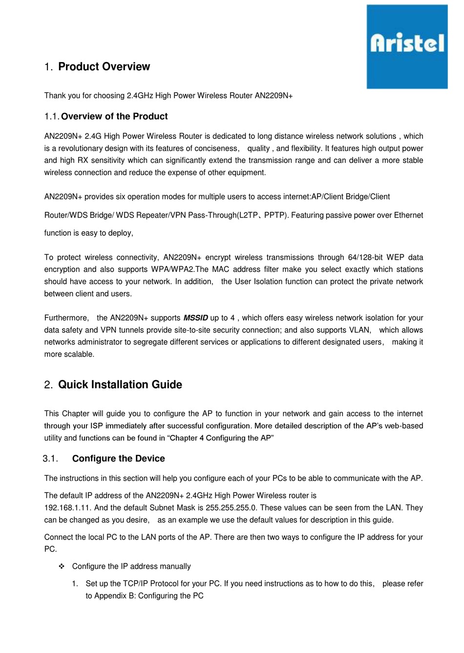 ARISTEL AN2209N+ MANUAL Pdf Download | ManualsLib