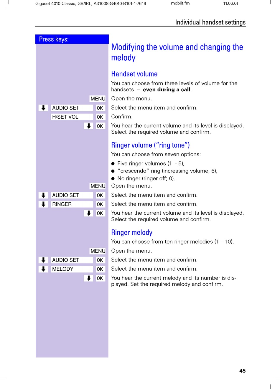 Modifying The Volume And Changing The Melody - Siemens Gigaset 4010 Classic  Operating Instructions Manual [Page 49] | ManualsLib