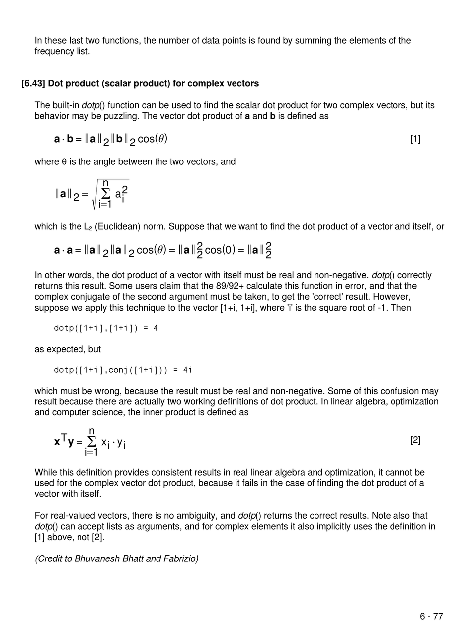 [6.43] Dot Product (Scalar Product) For Complex Vectors - Texas Instruments TI-89 Tip List [Page 235] | ManualsLib