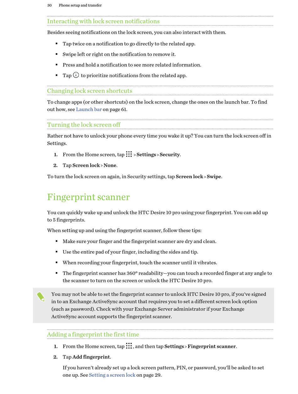 Mind Personification Bitterness Fingerprint Scanner - HTC Desire 10 pro User Manual [Page 30] | ManualsLib