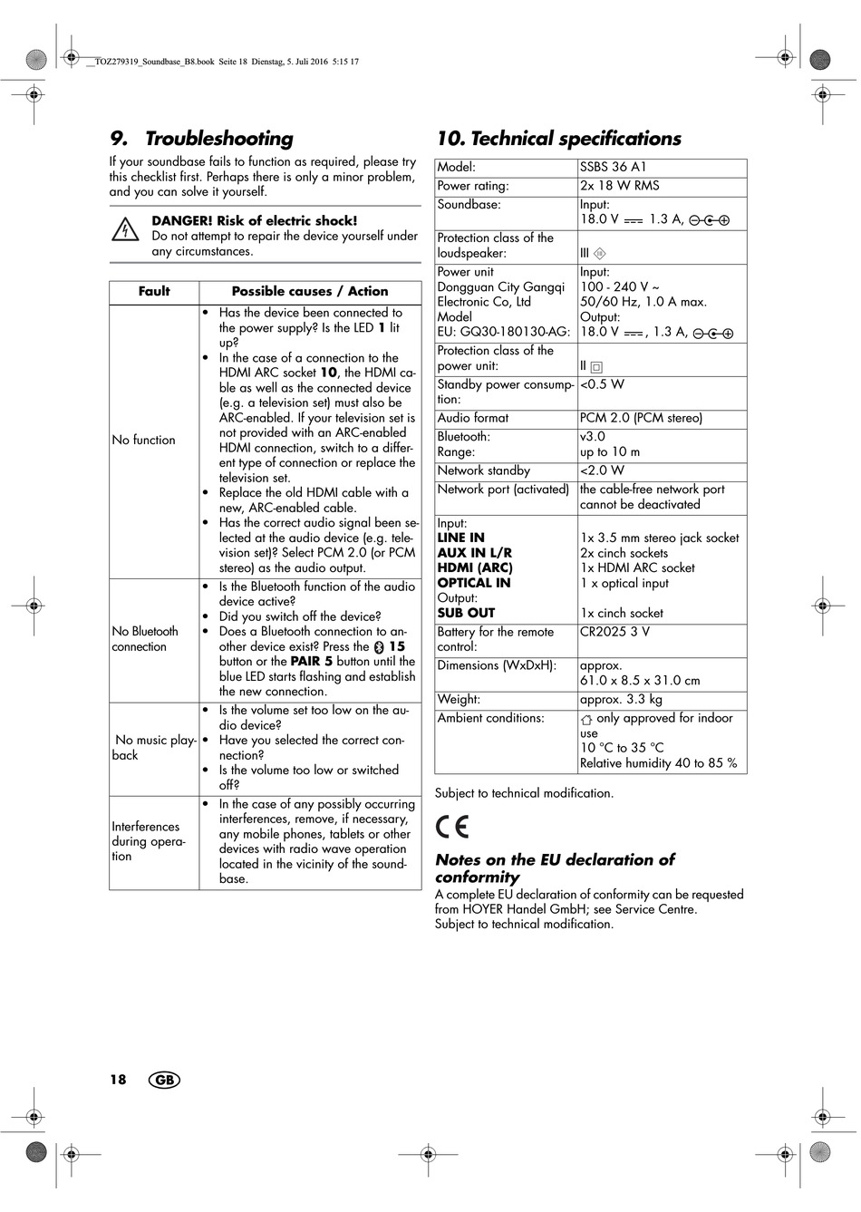 Troubleshooting; Technical Specifications - Silvercrest SSBS 36 A1  Operating Instructions Manual [Page 20] | ManualsLib