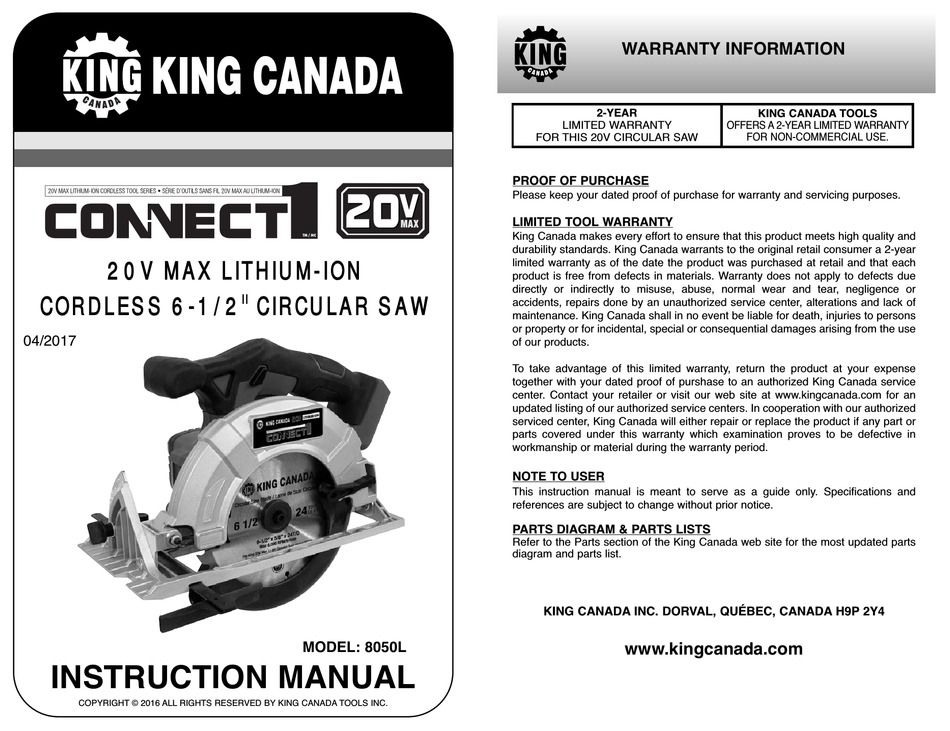 KING CANADA 8050L INSTRUCTION MANUAL Pdf Download ManualsLib