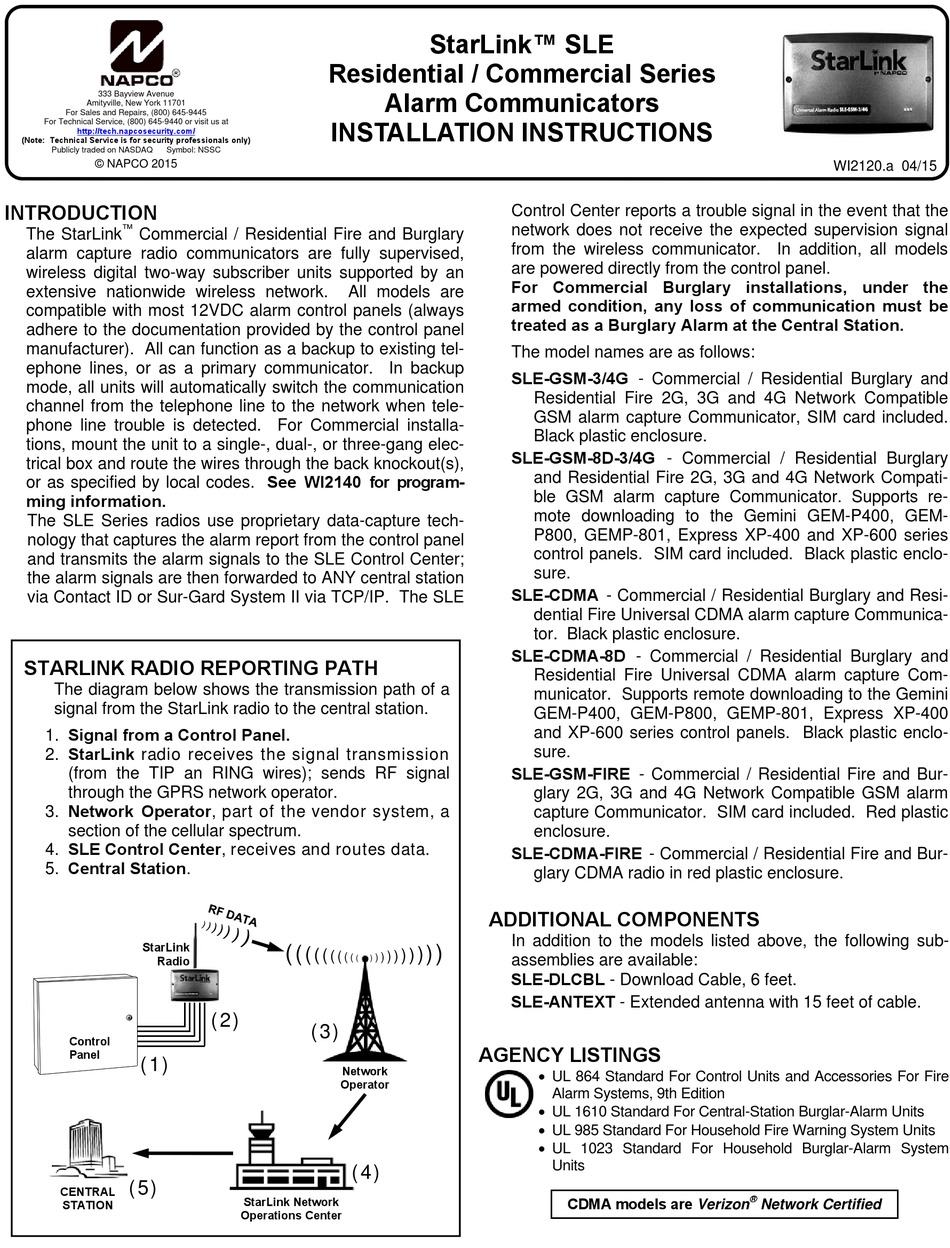 NAPCO STARLINK SLE INSTALLATION INSTRUCTIONS MANUAL Pdf Download 