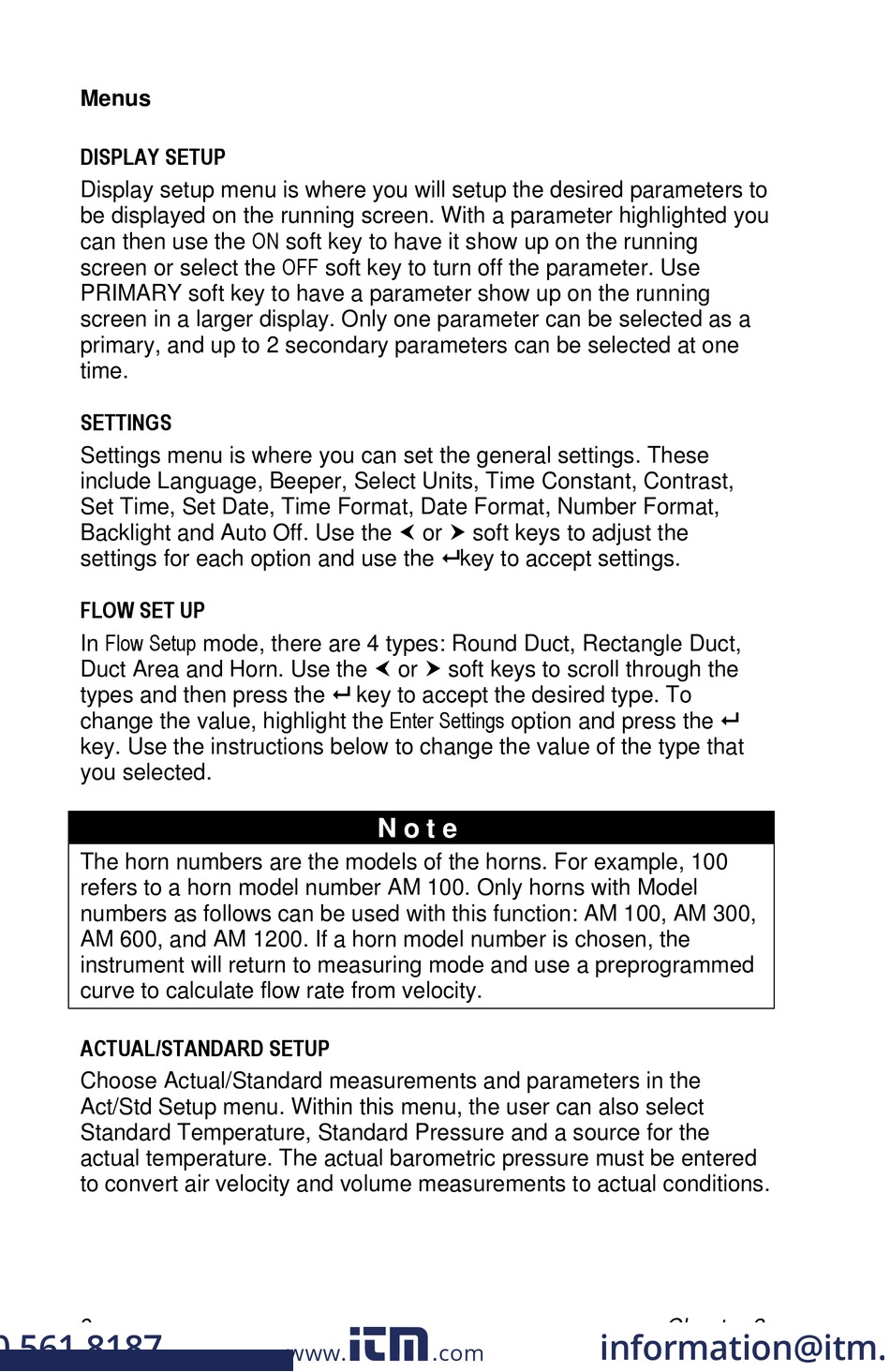 Menus Display Setup Settings Flow Set Up Alnor AVM430 Manual