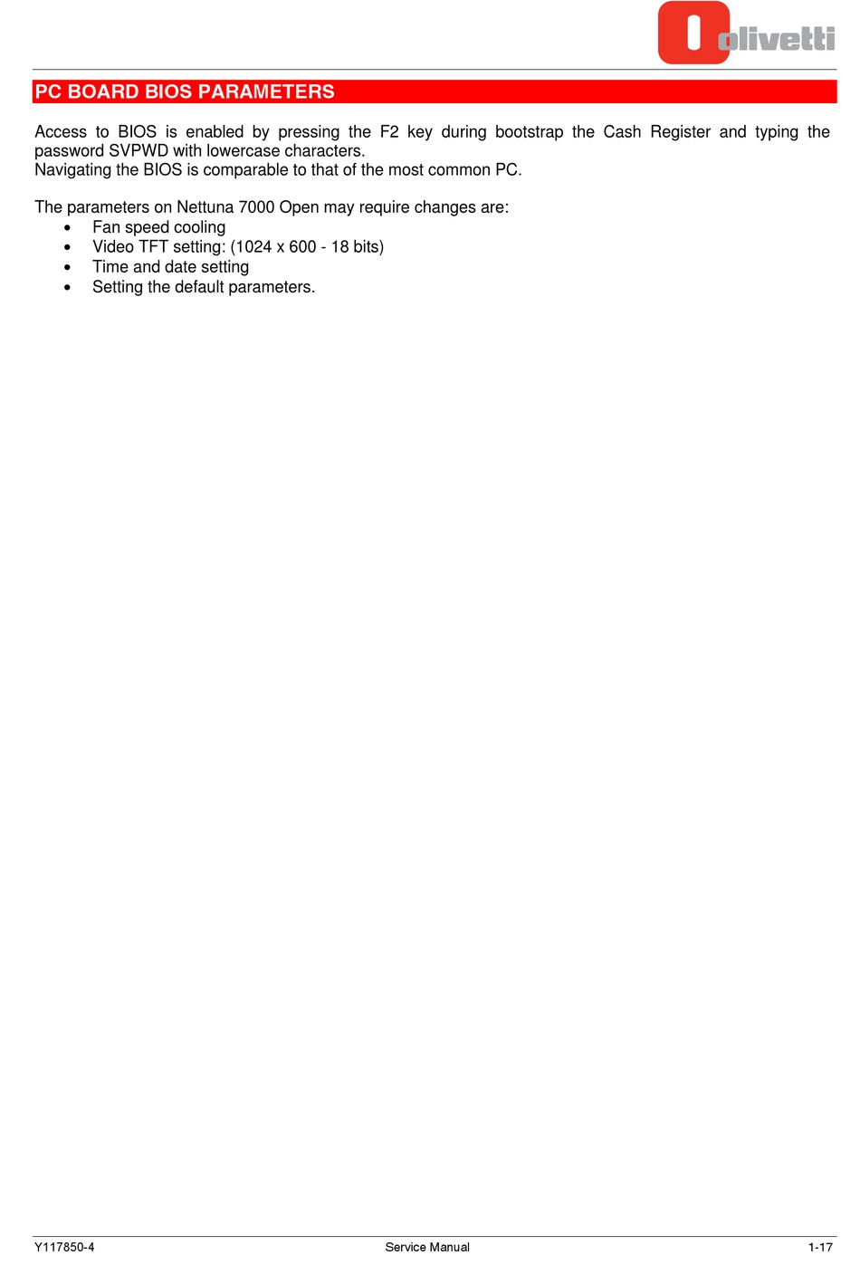 Pc Board Bios Parameters - Olivetti NETTUNA 7000 Open Service Manual [Page  23]