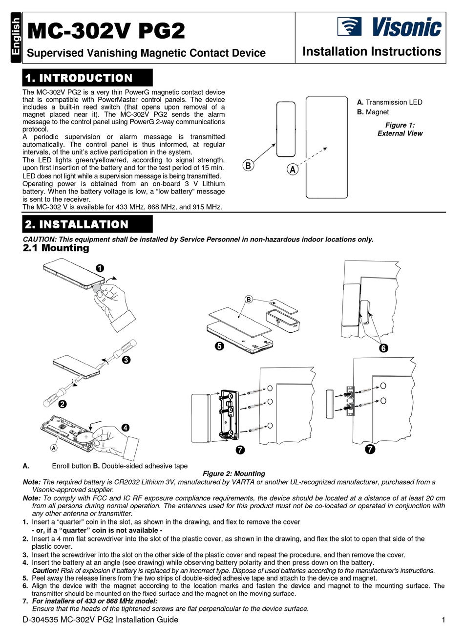 VISONIC MC-302V PG2 INSTALLATION INSTRUCTIONS Pdf Download | ManualsLib